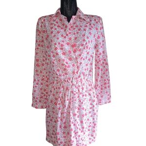 Axara Paris White and Pink Floral Print Faux Wrap Collared Dress S